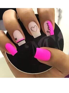 Nails Hearts 24 Press On Fake Stylish Love Matte Square Trendy Sexy Hot Pink